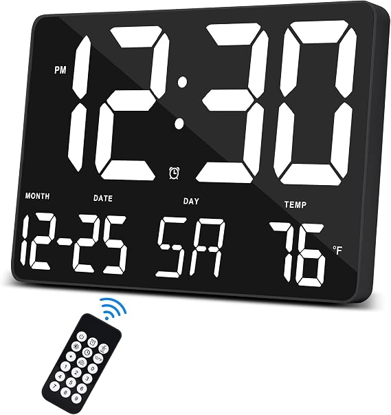 SZELAM Digital Clock Large Display,11.5" Digital Calendar Alarm Clock with Wireless Remote Control,LED Oversized Wall Clock with Date Temp,12/24H,Large Clock for Home Office Kitchen School-Black-blue