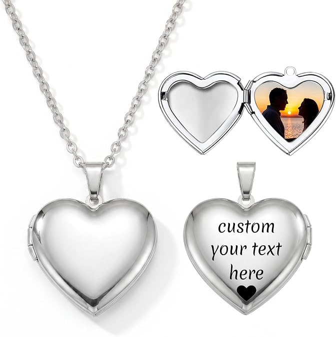 PHOCKSIN Customized Photo Locket Necklaces for Women Personalised Love Heart Necklace for Girls Silver Heart Locket Necklace for Women
