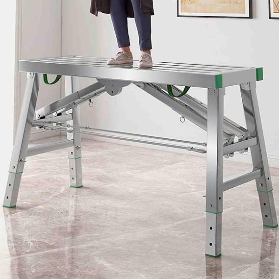 Portable Folding Work Platform, Adjustable Work Platform, Multipurpose Scaffolding Folding Steel Work Ladder, Adjustable Height Max Load 800 Lbs,
