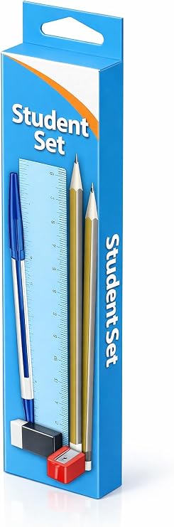 1ABOVE Student Stationery Set, 6 Pieces, HB Pencils, Blue Ball Pen, 15cm Ruler, Eraser, Sharpener