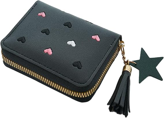 Women's Wallets, Heart-Pattern Wallet for Women with Small Coin Pouch, Womens Leather Wallet Card Holder Ladies Wallets with Card Slots& Star Pedant (Black, S)