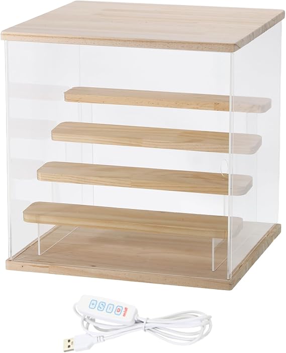 sourcing map Clear Display Case, 5 Layer Acrylic Figure Display Case Clear Display Boxes for Collectibles, Figures Model Toys Home Storage(with Square LED Light, 13x12x13 Inch Wood Base)