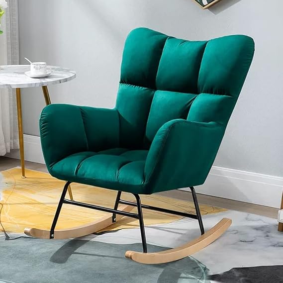 Nursery Rocking Chair Recliner Teddy Fabric Upholstered Glider Rocker with High Backrest,Modern Rocking Accent Chairs Comfy Side Chair for Nursery,Living Room (Green)