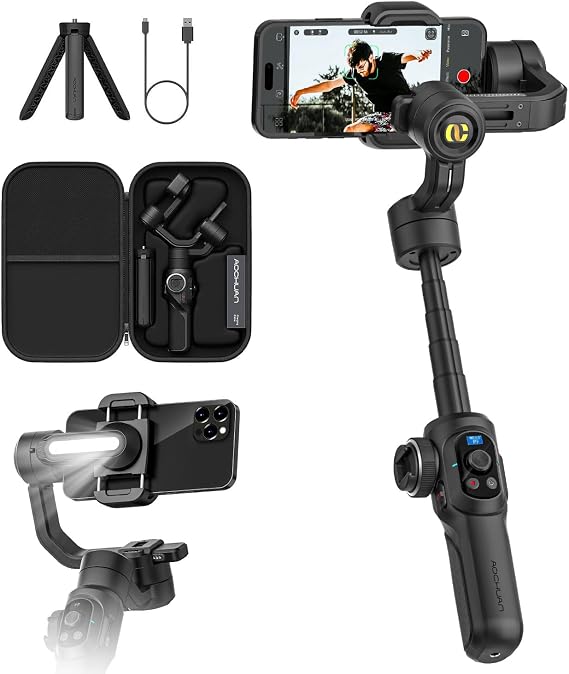 Professional Gimbal Stabilizer for Smartphone,Built-in 18CM Extension and Powerful Fill Light,360°Inception,Face&Object Tracking stabilizer,3-Axis Gimbal for iPhone& Android-AOCHUAN Smart S2