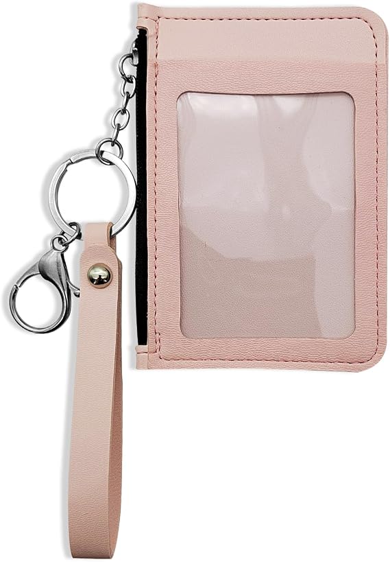 AfitLulu Credit Card Wallet, Wristlet PU Leather Bus Pass Holder for Women with Zipper Coin Purse, Portable Wallet Slim Keyring Wallets with ID Window for LIC (Pink)