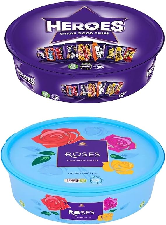 2 x Chocolate Tubs ASSORTED PACK 1 EACH Of Roses and Heroes Chocolate Tub – Assorted Mini Chocolates – Perfect For Gift for Festivals, Parties, Family Sharing & Christmas Celebrations