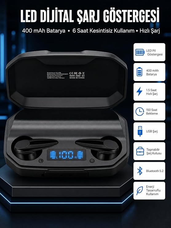 Rgb Işıklı Çift Mikrofonlu Siyah Profesyonel Oyuncu Kulaklığı Kablosuz Kulakiçi