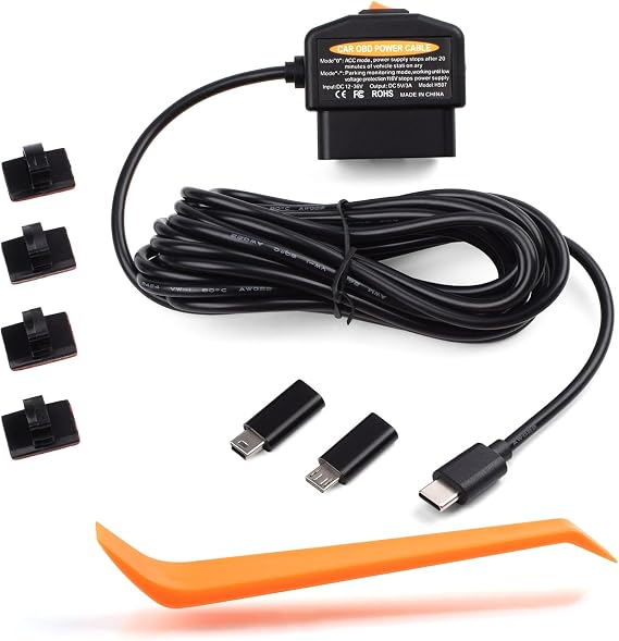 OBD2 電源ケーブル ダッシュカメラ用 OBDからType-C USB OBDアダプター ハードワイヤ充電ケーブル 24時間監視 ACC 2モード スイッチボタンと低電圧保護付き 12-36V~5V/3A