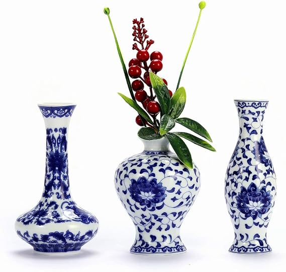 ArtFam Glaze Blue & White Porcelain Flower Vases Set of 3, Classic Chinese Bottle Vases for Home Decor