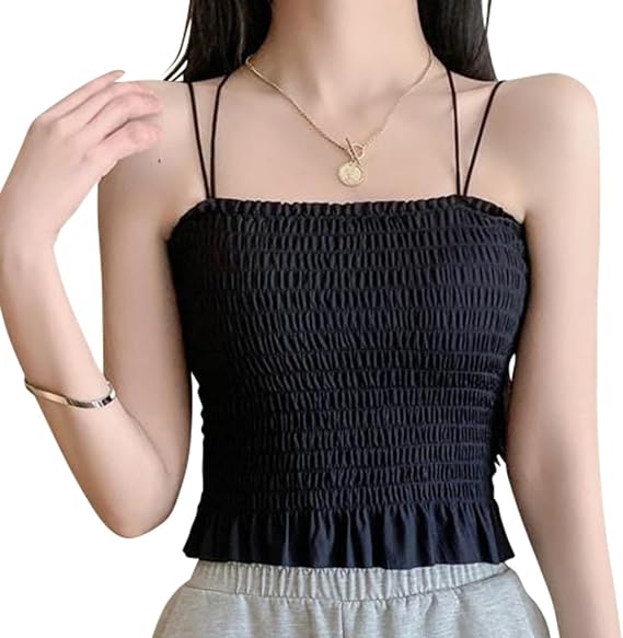 DAYCLOSET Tops2003 Women's Shirring Camisole with Cup, Cropped Length, Stretchy, Thin, Summer