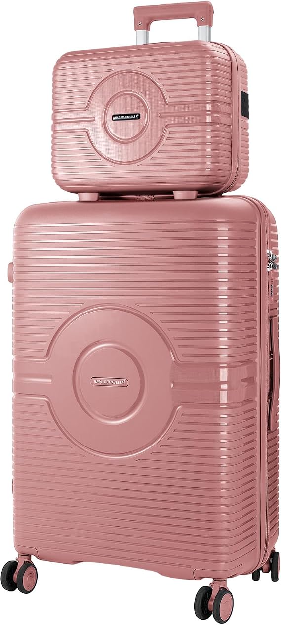 Set of 2 Travel Suitcases Set, Expandable Rigid Carry On Luggage Polypropylene with Swivel Wheels and Combination Lock, Sturdy and Durable, Lightweight (Rose Gold, XXS+M)