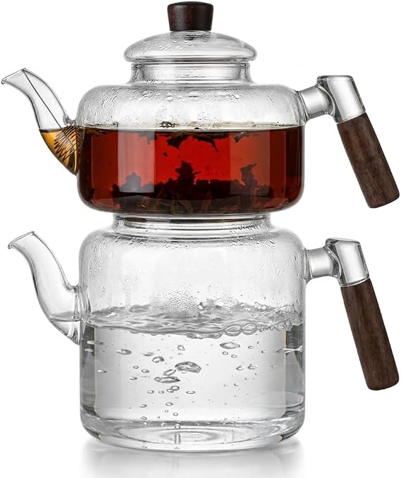 Deconox Akasya Cam Çaydanlık Takımı 1800 ml + 950 ml - Ahşap Kulplu Isıya Dayanıklı Borosilikat Şeffaf Çaydanlık