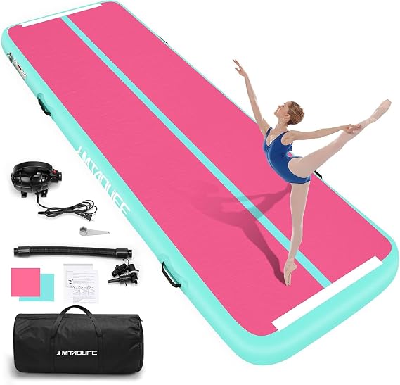 Inflatable Tumble Track Gymnastic Mat 6.6ft 10ft 13ft 16ft 4/8 Inch Thickness Mats with Air Pump for GYM/Yoga/Dance/Water Fun