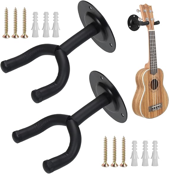 Guitar Wall Mount 2 Pack, Guitar Hanger with Rotatable Soft Holder, Style Wall Holders Hooks Stands for Acoustic Electric, Bass, Classical, Ukulele