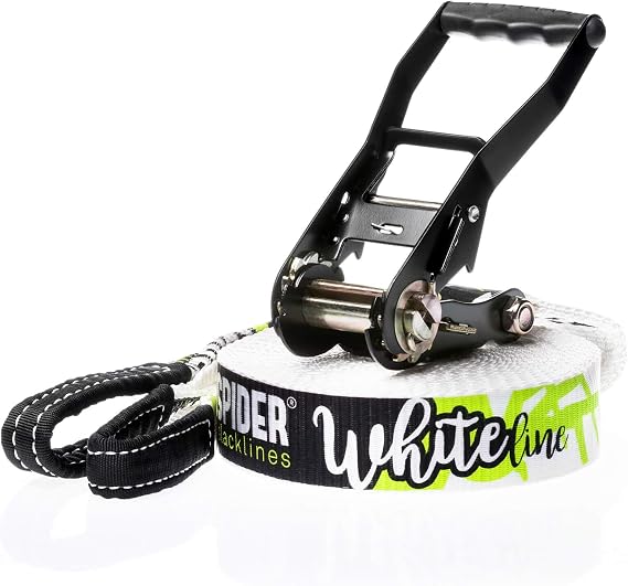 SPIDER SLACKLINE SKS01 - White Line Slackline Kit for Beginners - Contains a Ratchet and a 15 Meter Line Ensure Maximum Grip on the Webbing for First-Time Slackliners