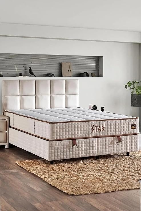 Niron Yatak Star Seti 100x200 cm Tek Kişilik Yaylı Sert Ortopedik Krem Keten Lüks Baza Başlık Takımı