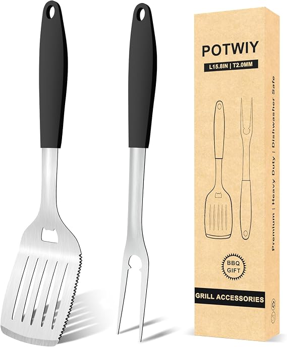 15.8" Stainless Steel Grill Set - Spatula, Tongs & Fork, 3-Piece