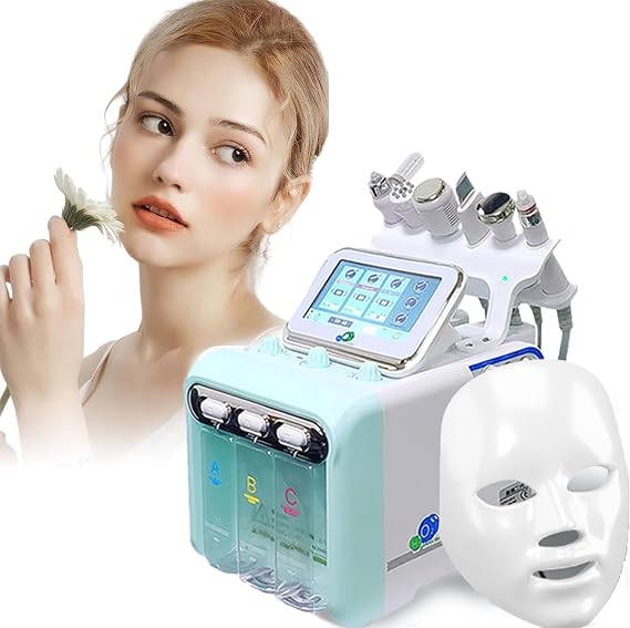 Hydrogen Oxygen Beauty Machine,7 in 1 Water Oxygen Hydra-Facial Machine with Led Mask Facial Deep Cleansing Peeling Hydro Dermabrasion Jet Peel Small Bubble Device (Blue)