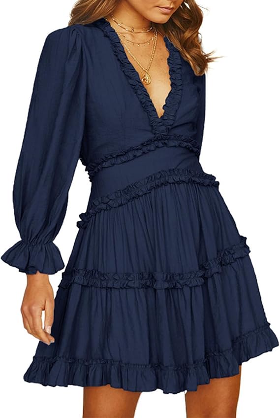 Melliflo Womens Deep V Neck Ruffled Dress Casual Fall Dresses Long Sleeve Open Back Flowy Mini Dress