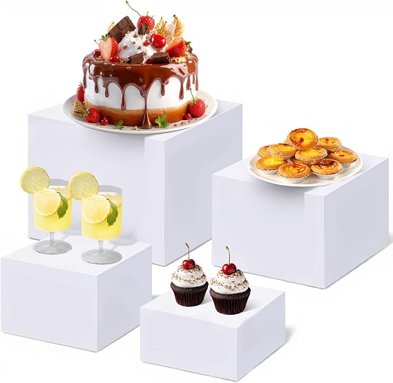 Aptliton 4Pcs Acrylic Buffet Risers, 7+8+9+10 inch White Buffet Riser Food Display Stand with Hollow Bottoms, Easy to Clean Cube Dessert Stand Decor for Catering Dessert Jewelry Figures Show