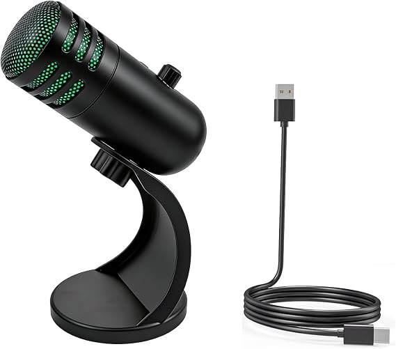 USB Microphone, Condenser Microphone with Stand, PC Computer Gaming Streaming Mic with RGB Light, Mute Button, Volume Adjustment, Mic for Computer&Laptop Podcast & Singing & Streaming &Youtube
