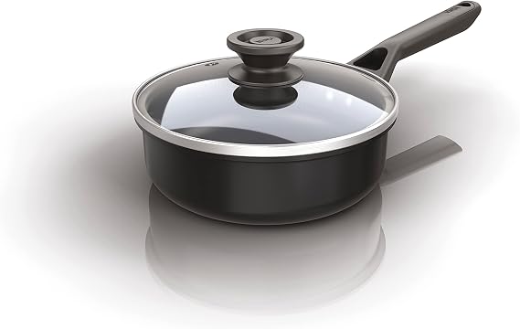 Ninja ZEROSTICK Classic Cookware 16cm Saucepan, Non-Stick, Long Lasting Aluminium Saucepan, Induction Compatible, Oven Safe to 180°C, Glass Lid, Black CW50216UK