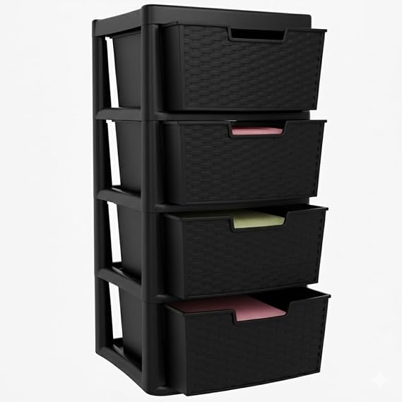 Large Plastic Rattan Drawer Storage Unit for Home Bedroom Bathroom Kitchen Organiser Stackable Drawers Durable Storage Solution Space Saver and Easy Access Storage - (Rattan Black, 4 Tier)