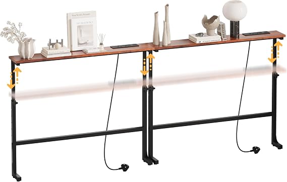 2 Pack Slim Console Table, 200cm Height Adjustable Behind Sofa Table with Charging Station for Hallway, Entryway, Living Room, Rustic Brown