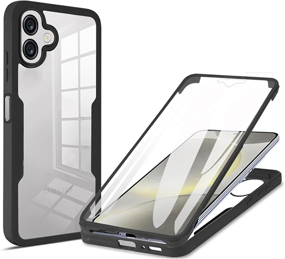 YUECXIN Case for Samsung Galaxy A06 4G/5G, Rugged 360° Full Body Protective Dustproof Shockproof Bumper Case, Built-in Screen Protector and Clear Back Designed Cover, Black