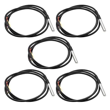Pack of 5 DS18B20 Temperature Sensors 1 m Cable Waterproof and Precise ±0.5 °C Accuracy Compatible with Arduino for Raspberry Pi & Shelly Temperature Sensor for Hobby and Professional Projects