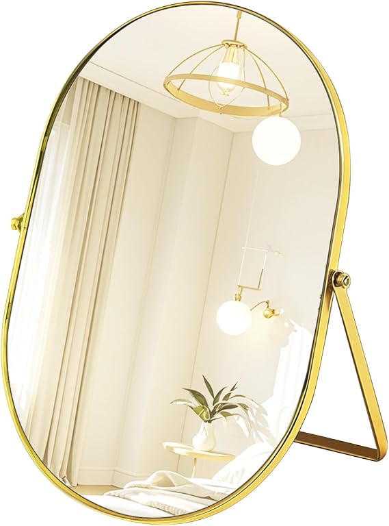 Oval Table Top Mirror Big Mirror Countertop Vanity Mirrors with Adjustable Metal Frame Stand for Office Desk,Vanity Table, Travel, Camping (Gold)