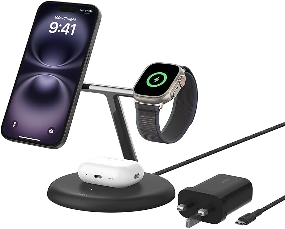 Belkin BoostCharge 3-in-1 Wireless Charging Stand with Qi2 15W, MagSafe Compatible Fast Charger for iPhone 17, Air, 16, 15, 14, 13, 12 Series, PixelSnap, AirPods, Apple Watch (PSU included) - Black