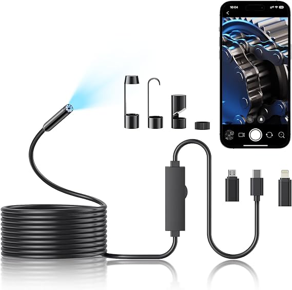 Endoscope Camera with Light, 1920P HD Borescope Camera with 8 Adjustable LED, 5M Semi-Rigid Snake, IP67 Waterproof 8mm Inspection for iOS and Android (Single-Lens)