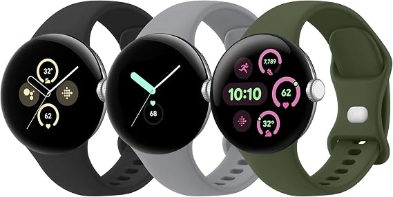 AK Pack 3 Straps for Google Pixel Watch 2/3 41mm, Adjustable Silicone Sport Strap, Green, Black, Gray, Large, Multicolor, Standard, Buckle, Water Resistant