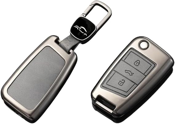 Car Key Case Protector Compatible with VW Volkswagen Golf 7 Polo Tiguan Taigo Seat Leon Ibiza Skoda Octavia Superb Fabia 3 Buttons Key Grey Leather Key Cover