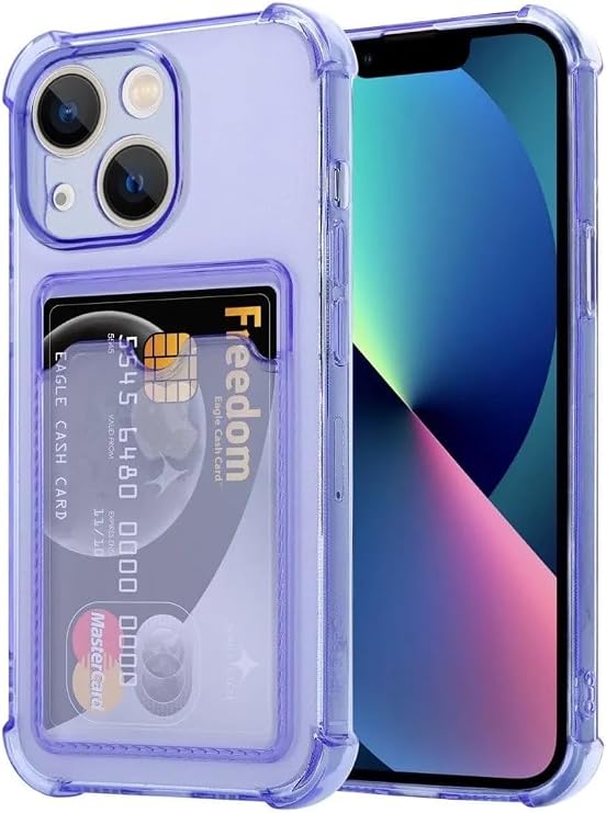 Ehr. iPhone 13 Compatible Camera Protected Card Holder Corners Airbag Design Anti-Shock Transparent Silicone Case (Purple, iPhone 13)