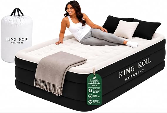 King Koil Luxury Twin Size Air Mattress with Built-in High Speed Pump for Camping, Home & Guests - Air Mattresses Twin Size Airbed Luxury Inflatable Blow Up Mattress Waterproof