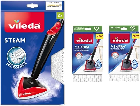 Vileda Steam Mop Refill Pads, Pack of 2 & 1-2 Spray Microfibre Pads Refill Mop Head Replacement Set for Ultramax and Spray Mops Refills, (Pack of 2), White