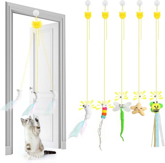 Interactive Toy for Cats Hanging 5 Pieces Interactive Cat Toy Door Hanging with Feather Jingle Bells Toy for Kittens Hanging Door Frame for Relieving Boredom Play