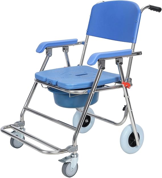 3-in-1 Folding Bedside Commode with Wheels, Waterproof Shower Chair for Elderly & Disabled, Reclining Transport Chair with Removable Bucket 1 Set
