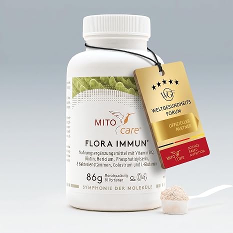 MITOcare Flora Immune - Intestinal Complex with 8 Strains of Bifido and Lactobacteria - with L-Glutamine Hericium & Colostrum - Vegetarian & No Additives - Monthly Pack of 86 g