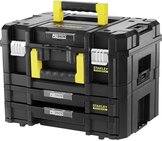 STANLEY FatMax Pro-Stack Werkzeugkoffer Werkzeugbox leer Werkzeugkasten - Werkzeugkiste (215L Fassungsvermögen mit 2 Schubladen und Organizern für Kleinteile mit Metallschließen) FMST1-71981