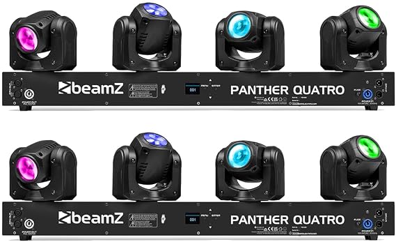 beamz Panther Quatro Moving Head Beam Bars (2x 4x 40W RGBW) Professional Event Lighting Package with Pre-programmed Shows, Flexible Mounting, LCD Panel and Light Bar Effect