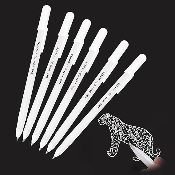 6Pcs Gelly Roll Pen - 0.8mm Fine Point White Line Drawing Pens for Artists, Sketching, Drawing, Illustration, Taking Notes