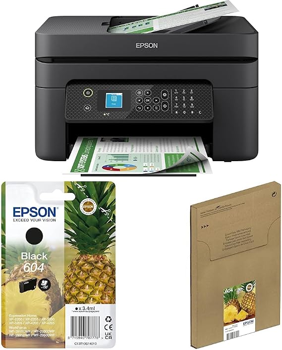 Epson WorkForce WF-2930DWF Print/Scan/Copy Wi-Fi Colour Printer 604 Pineapple, Genuine Black Ink Cartridge 604 Pineapple, Genuine Multipack, Eco-Friendly Packaging