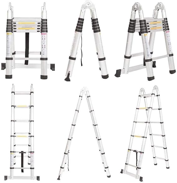Heavy Duty Stainless Steel Telescopic Collapsible Loft Folding Ladder A Frame 3.8M /1.9m + 1.9m 12 Step Retractable Extendable Extension Multi Purpose Ladders- 150kg/330lb Capacity