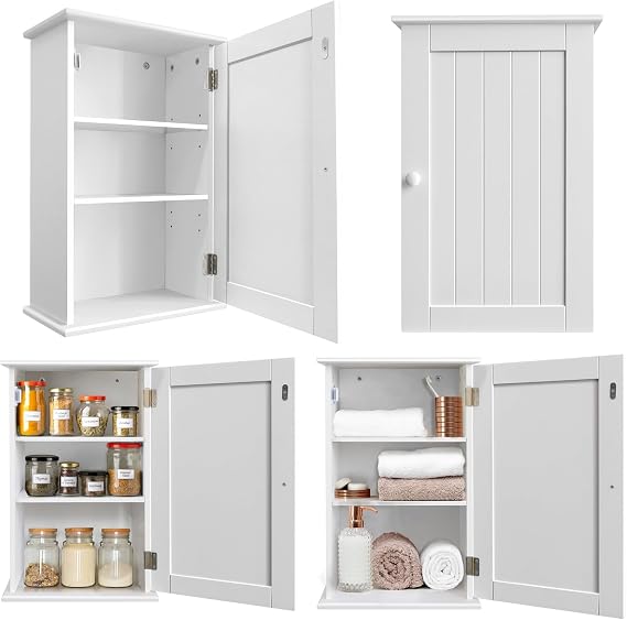 Kitchen Wall Mounted Storage Cabinet, White Engineered Wood Hanging Bathroom Wall Cupboard Organiser Unit with Adjustable Shelves & Doors, Freestanding Modern Furniture Organizer, Easy to Assemble