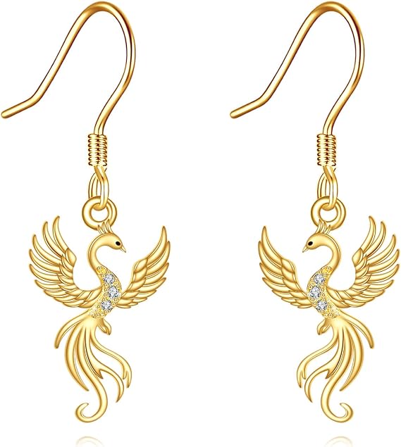 14K イエローゴールド フェニックスイヤリング フェニックス ライジング ダングル ドロップ イヤリング 純金 ジュエリー ギフト 女性 恋人 母, one size, イエローゴールド, 宝石なし
