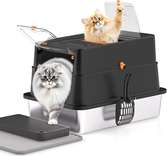 Stainless Steel Litter Tray with Lid, XXL Enclosed Cat Litter Tray for Big Cats, Easy to Clean High Sided Metal Kitty, Front & Top Entry, Scoop, Mat & Foot Pedal - Black
