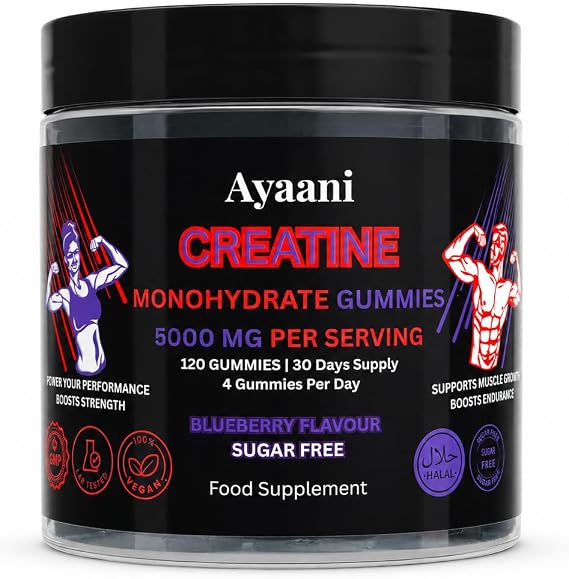 Creatine Gummies 5000mg | Real 5g Lab-Tested Creatine Monohydrate Dose | Sugar Free Vegan Halal Blueberry Gummies | No Powder, Scoop or Shaker |